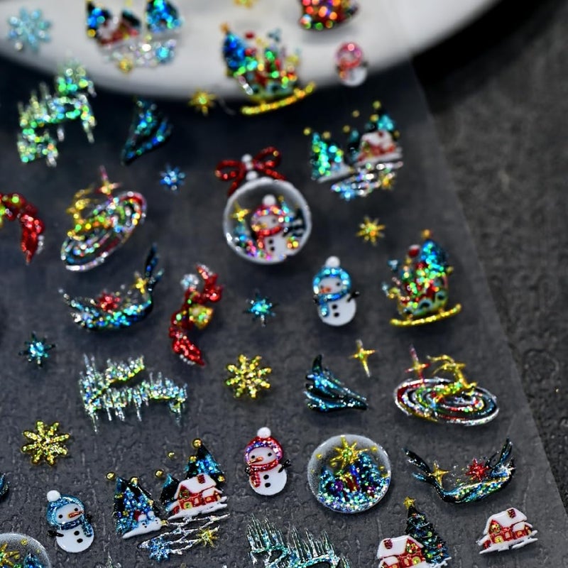 Maigitur Christmas Nail Stickers for Nail Art 3D Self Adhesive Laser Colorful Nail Art Stickers Aurora Crystal Ball Nails Designs Glitter Snowman 5D Embossed Nails Decals for Women DIY Acrylic Nail 1 Sheet - Image 3